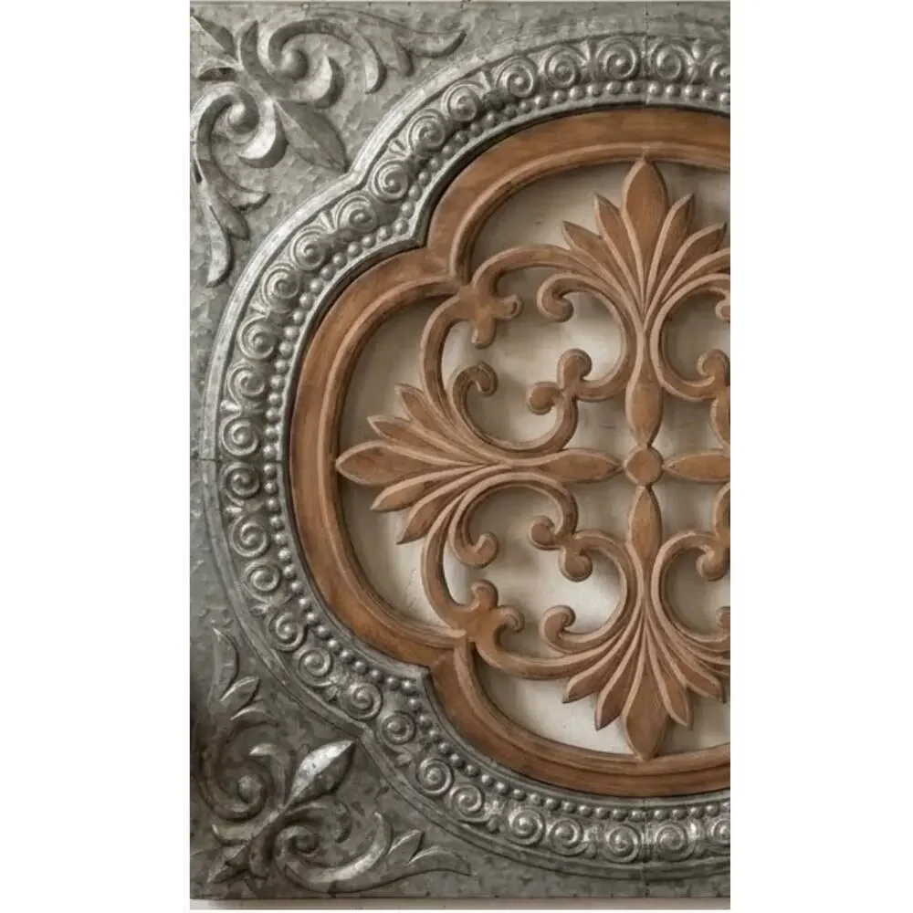 Rustic Metal & Wood Wall Medallion Fleur De Lis Carving Decor NEW